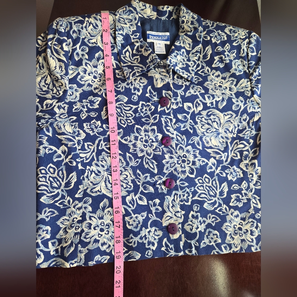 Vintage Pendleton Petite Blue Floral Cropped Blazer Jacket Size 10 Rayon - Picture 6 of 8